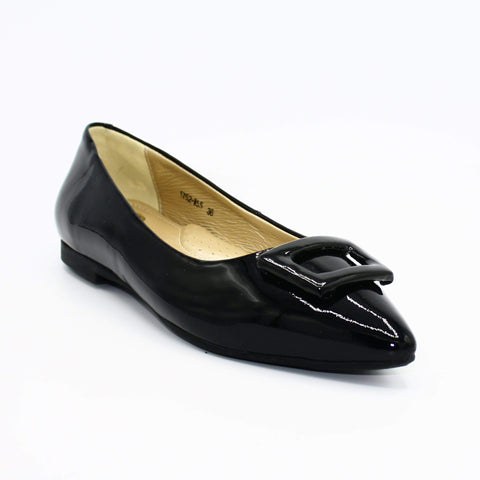 black patent leather pointed toe flats for women