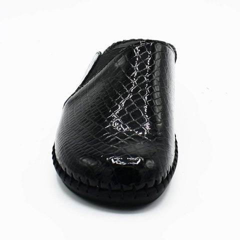 black leather high heel mules